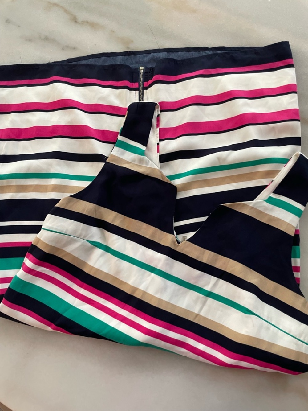 Striped V-Neck Dress Top in Navy, Pink, Teal & Cream size M